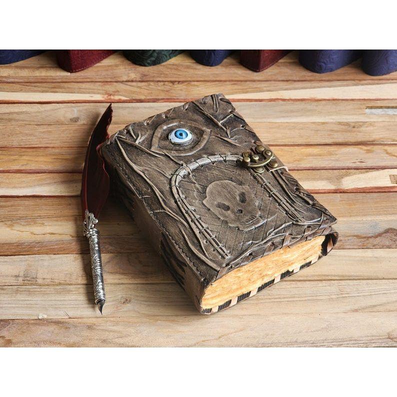 Gothic Spellbook Journal with Skull & Eye Design | 200 Page Fantasy Leather Notebook | Dark Aesthetic Grimoire with Lock, Book of Shadows