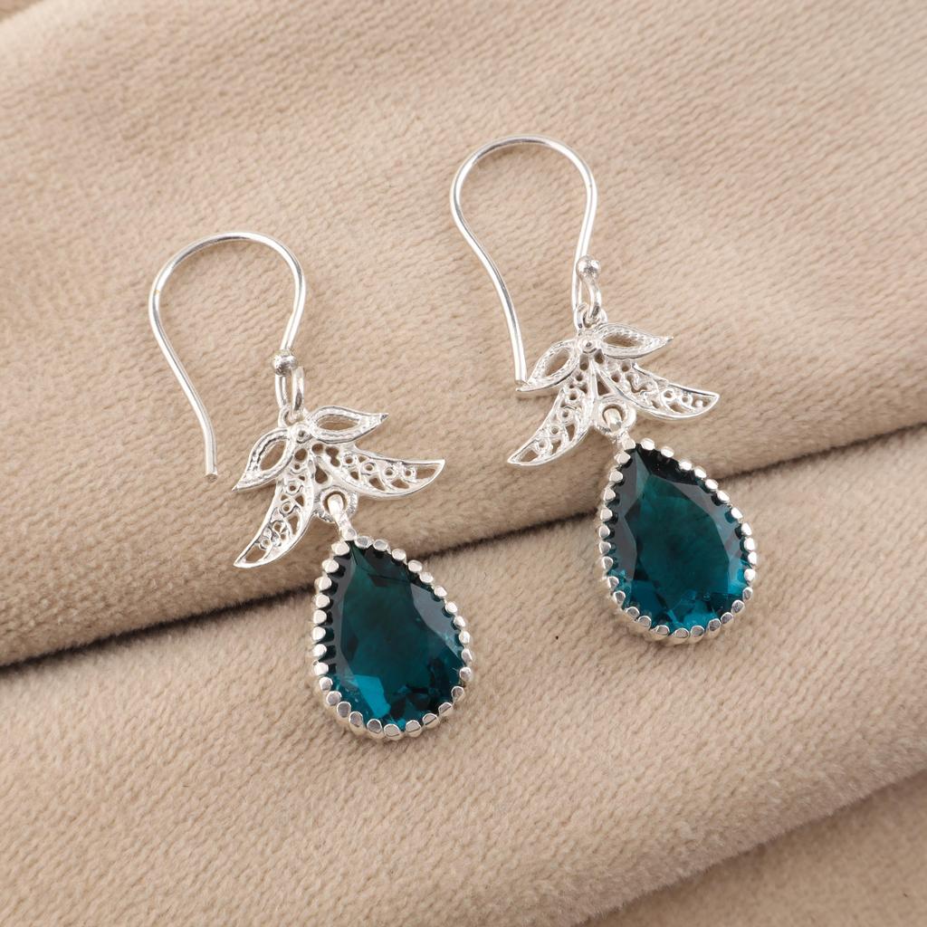 Natural Apatite Gemstone 925 Sterling Silver Jewelry Handmade Earrings 1.84" CE-27-10