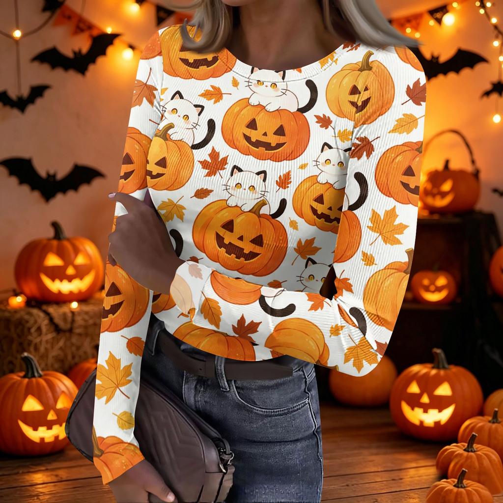 Women's Casual Long Sleeve Ribbed Halloween Print Top Crew Neck Stretchy Slim Fit Lightweight Shirt