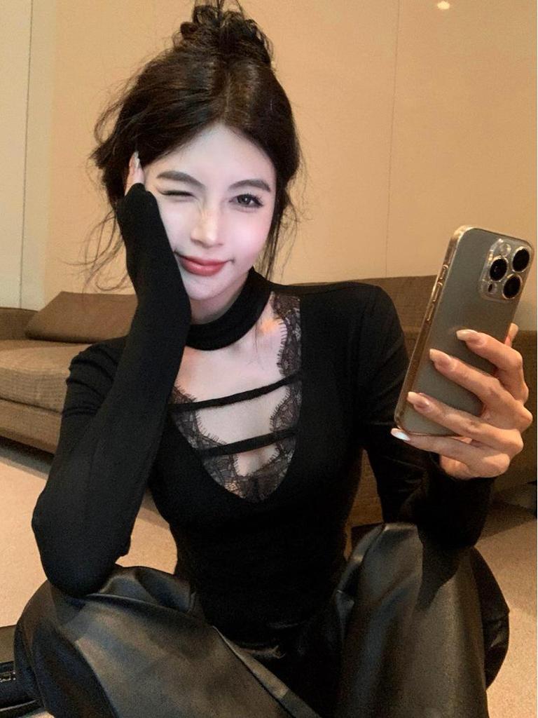 Winter V-neck Lace Trim Slimming Halter Shirt