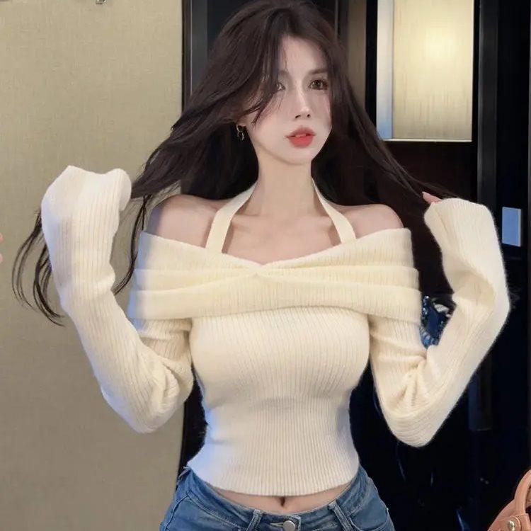Women's Off-Shoulder Halter Neck Long-Sleeve Knitted Sweater – Slim Fit Short Style for Autumn & Winter