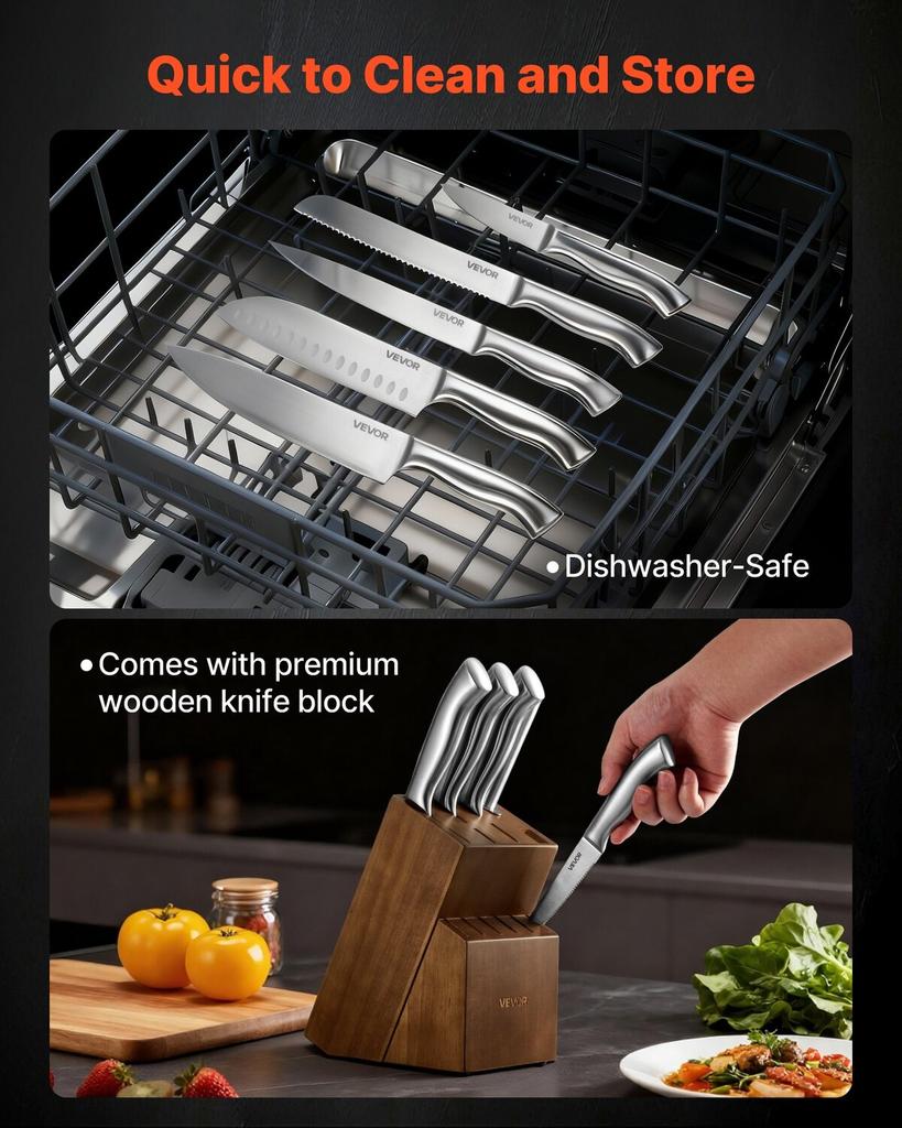 Kitchen Knife Set with Block and Sharpener, 15 Piece German High Carbon Stainless Steel Sharp Knife Set, Kitchen Cutlery with Ergonomic Handle,