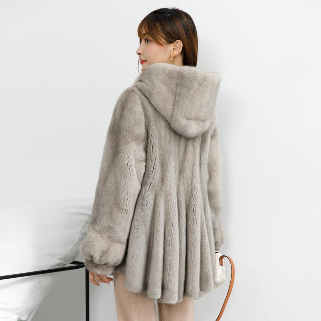 New Mink Coat Women's Velvet Whole Mink Hooded Mid Length Mink Faux Fur Coat