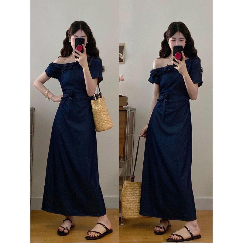 Plus-Size Women s One-Shoulder Blue Denim Floral Lace-Up Summer Dress 2026 4XL (For 85-95 kg)