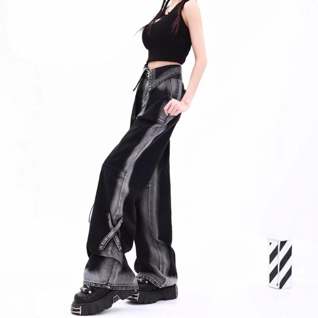 American Retro Gradient High-Waist Wide-Leg Jeans for Women - Plus Size, Floor-Length, Loose Fit, Autumn/Winter/Spring.