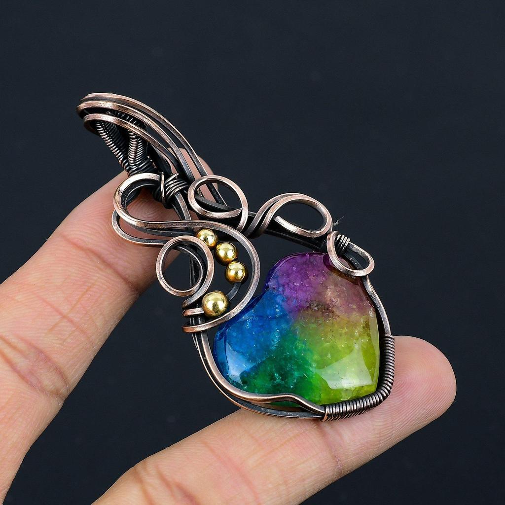 Rainbow Solar Quartz 999 Copper Wire Wrapped Pendant, Handmade Gemstone Pendant Jewelry, Gifts For Wife Brand New Pendant