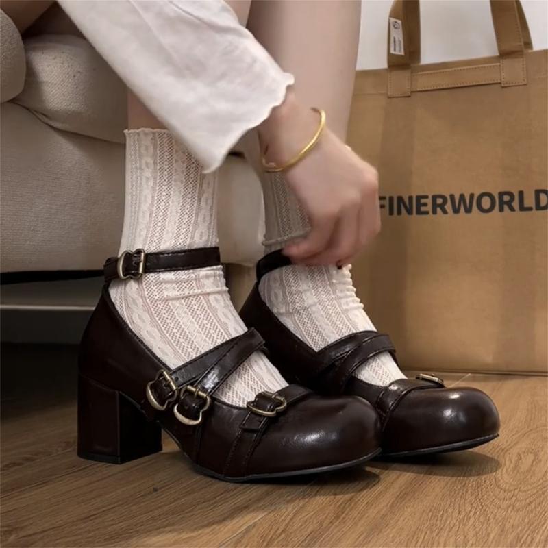 Fashion Design Cross Strap Women Mary Jane Shoes Fashion Thick Heel Shoes Autumn Ladies Outdoor Dress Stripper Leather Shoes