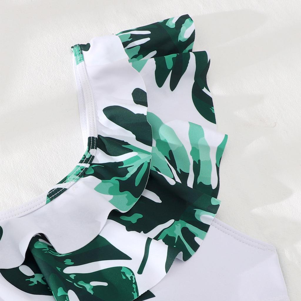 One Piece Swimsuit for Women Cut Out Design Ruffle Detail Asymmetric Strap Leaf Print Beachwear Swimwear