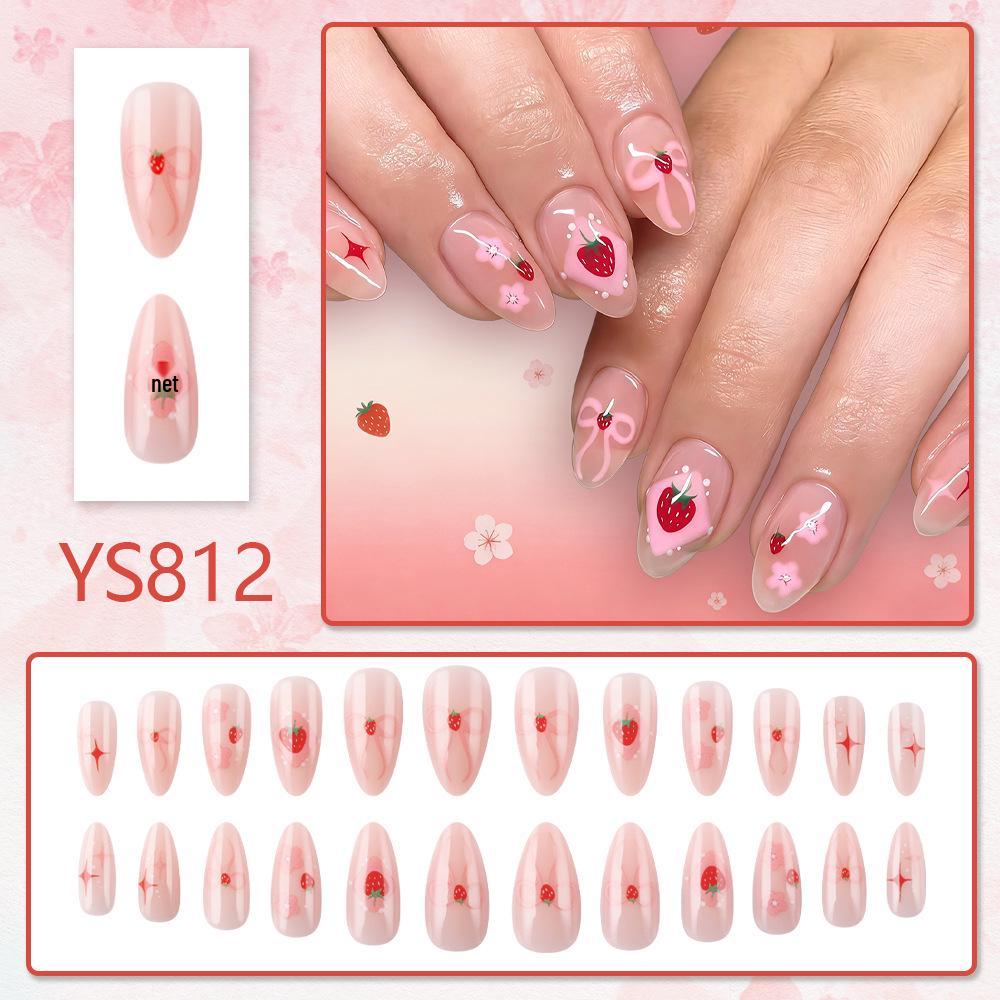 Punte Unghie Fiori Fragola Rosa Lucido Mandorla con Fiocco - 24 Pezzi Staccabili