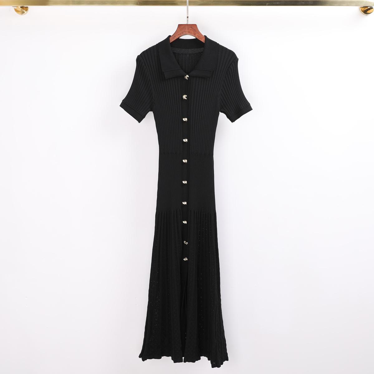 High quality spot spring and autumn new fashion Internet celebrity knitted lapel slim slim striped short sleeve dress women S