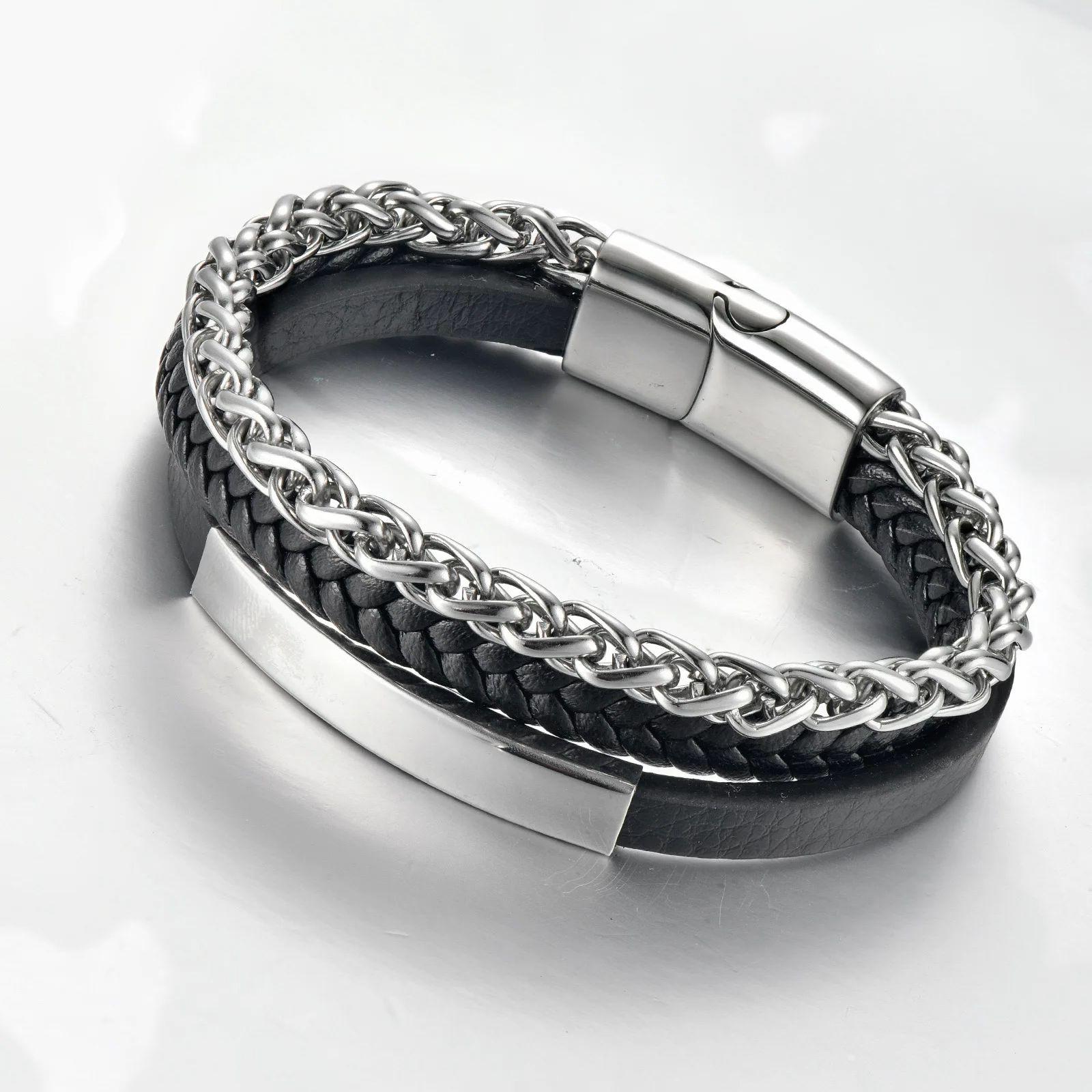 

Fashion Men s Leather Bracelet Stainless Steel Irregular Accessories Commemorative Gifts for Charm Bangles Punk Jewelry 21cm