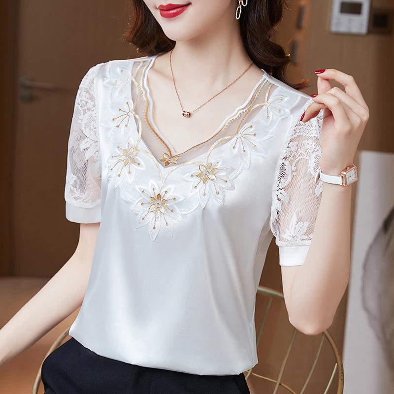 4XL Women Shirt V Neck Stitching Satin Lace Blouse Summer Short Sleeve Flower Mesh Tops Blusa Feminina