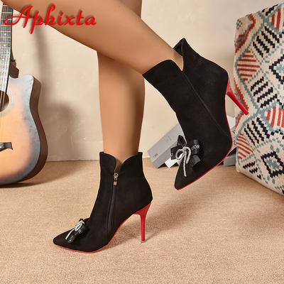 Aphixta Kristalle Blume Winter Stilettos Absätze Reißverschluss Warme Stiefeletten Damen Nur für Sie Buchstaben Flock Schuhe Super Große Größe 50
