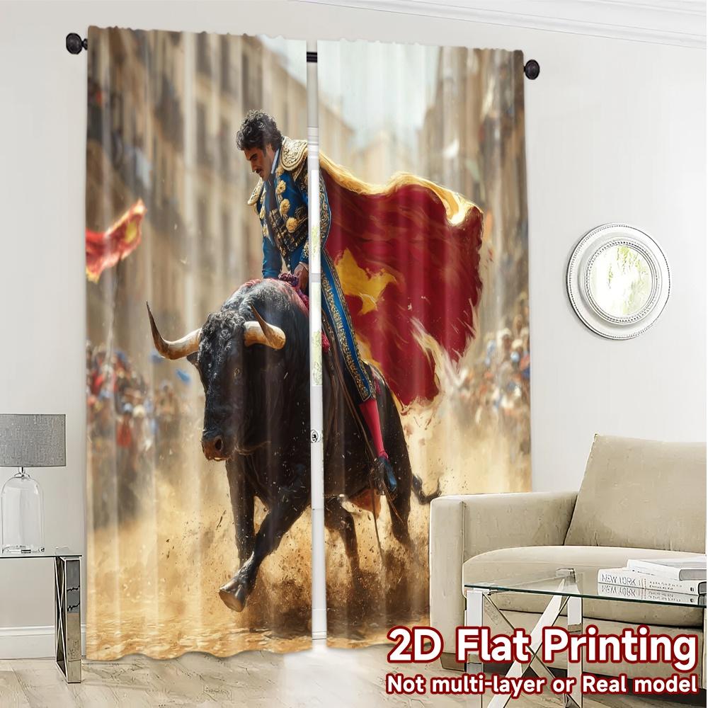 2pcs, 2D FLAT PRINTING Curtains (Without Rod) Matador Charge Fashionable Modern Curtains Yarn Curtains Holiday Ldeal for Digital