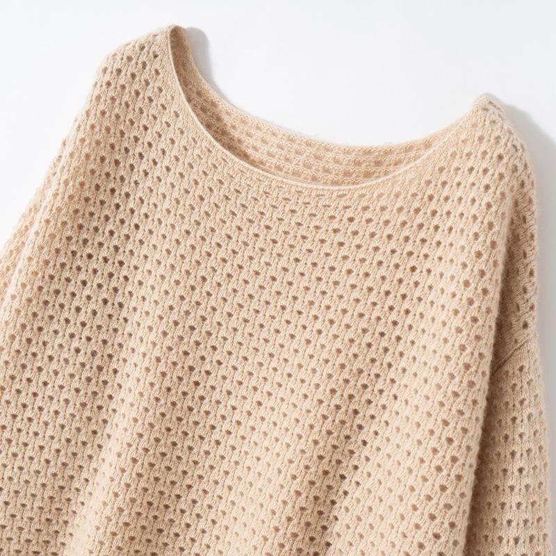 Solid Color Cashmere Hollowed-Out Retro Round Neck Long Sleeve Sweater - Autumn Winter Versatile Loose Knitwear