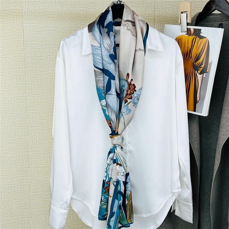 53*170cm High-grade 100% Mulberry Silk Thin Long Scarf Printed Flower Shawl Neckerchief Gift for Women