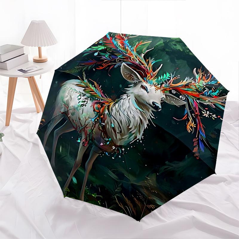 1pc Colorful Feathered Deer Automatic Folding Umbrella, Portable 3-Fold Design with 8-Bone Iron Frame, Outdoor, Gift for Fans, Travelers, Daily Use.B0