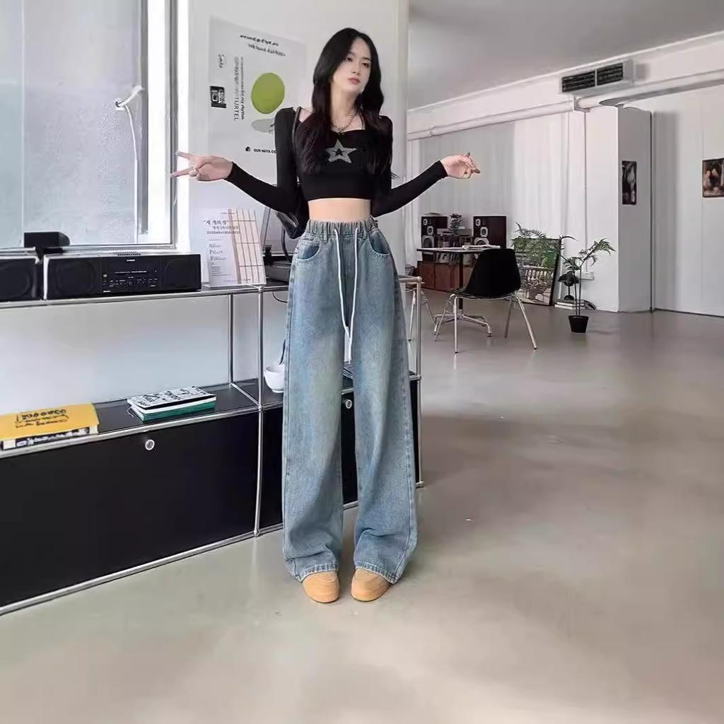 Women's High Waist Drawstring Elastic Wide Leg Jeans Washed Denim Draped Floor Length Baggy Casual Trousers Plus Size Student Pants
