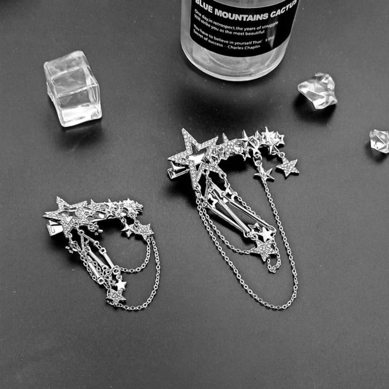 Punk Hair Clip for Women Girl Vintage Crystal Star Tassel Hairpins Harajuku Y2K Fashion Headwear Hair Jewelry Accessory