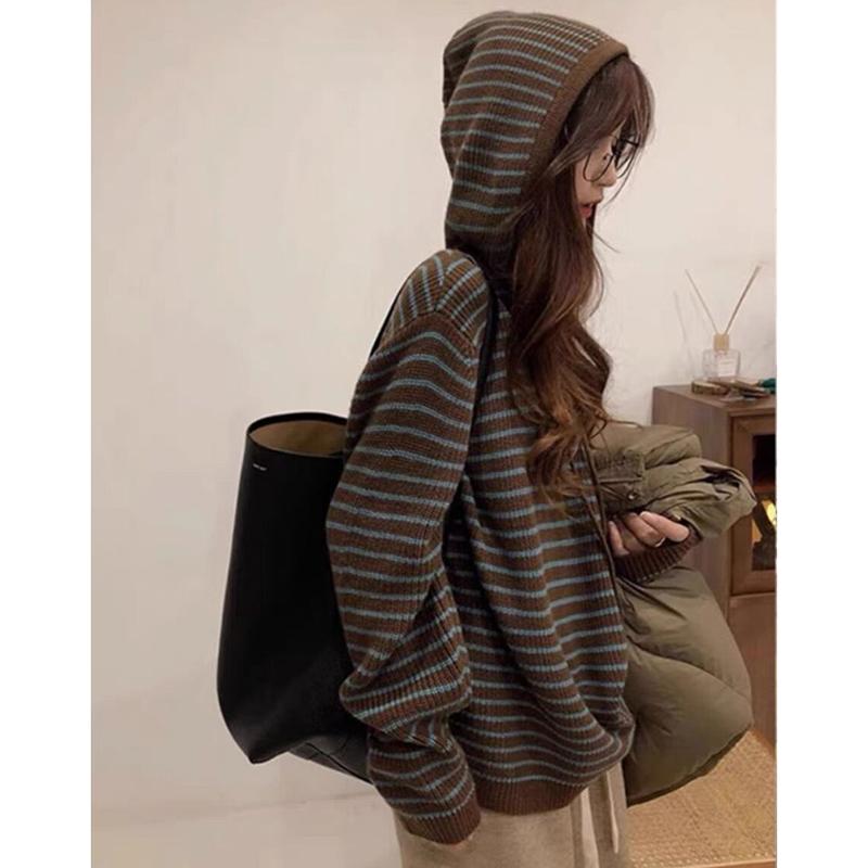 

Осенний свободный полосатый винтажный свитер с капюшоном для женщин, модный мягкий облегающий повседневный вязаный свитер для женщин, элегантные простые зимние женские джемперы 25646 One Size