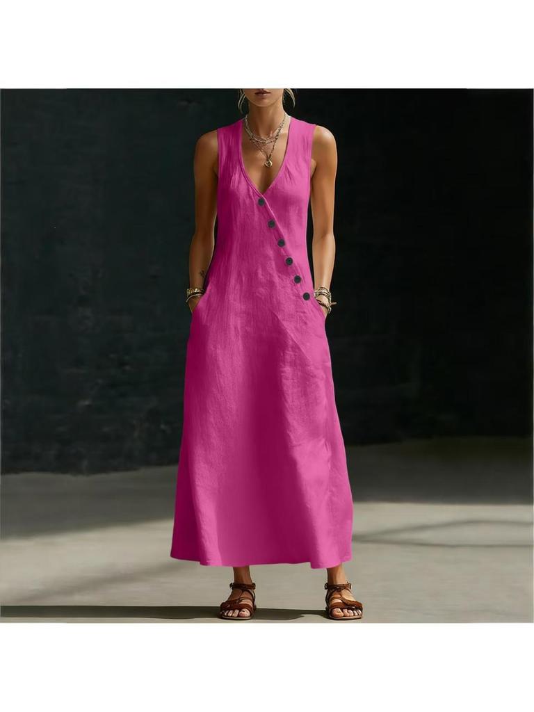 Spring and Summer European and American Lazy Style V-neck Breasted Sleeveless Vest Anti-cotton and Linen Casual Dress