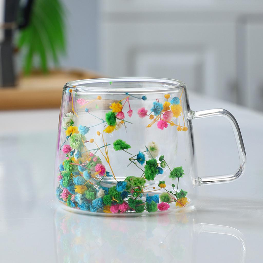 200ML Double Walled Glass Cups with Real Dried Flowers Heat Resistant Clear Coffee Mugs Floral Design Tea Cups for Elegant Sipping