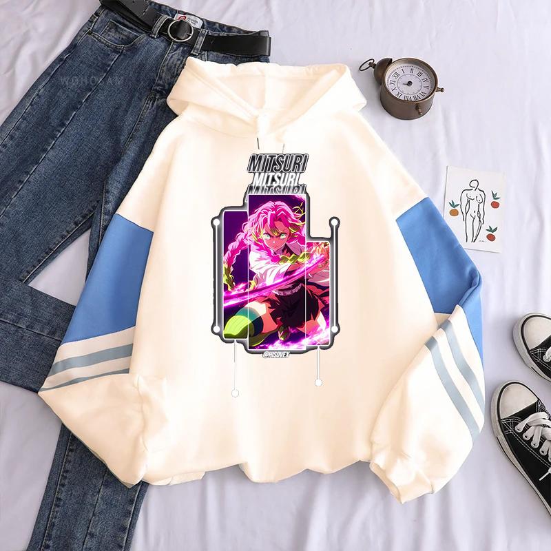 Anime Demon Slayer Kanroji Mitsuri Print Hooded Men Women Manga Hoodies Oversized Streetwear Harajuku Male Patchwork Sweatshirt