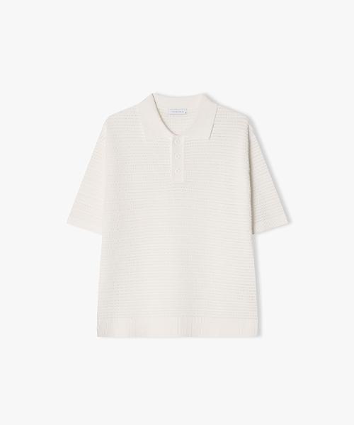 [25Ss] Llm51587 White Solid Mesh Collar Half Knit Top 100