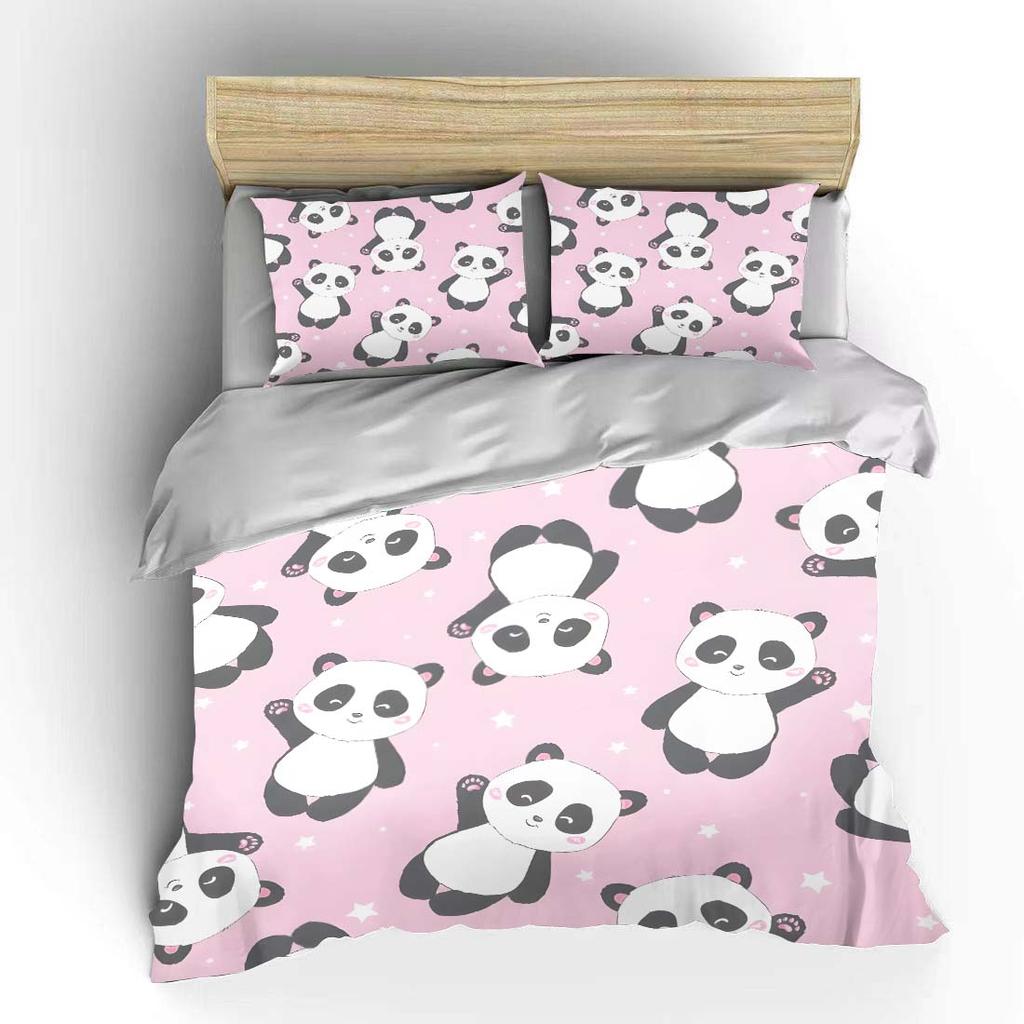Pink Background Cartoon Panda Pattern Bedding Set 1 Duvet Cover 2 Pillowcases for Adult and Children Luxury Gift Full Size