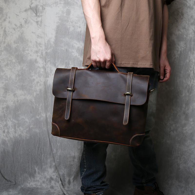 Men's Retro Genuine Leather Crossbody Messenger Bag - Handmade Crazy Horse Cowhide Briefcase