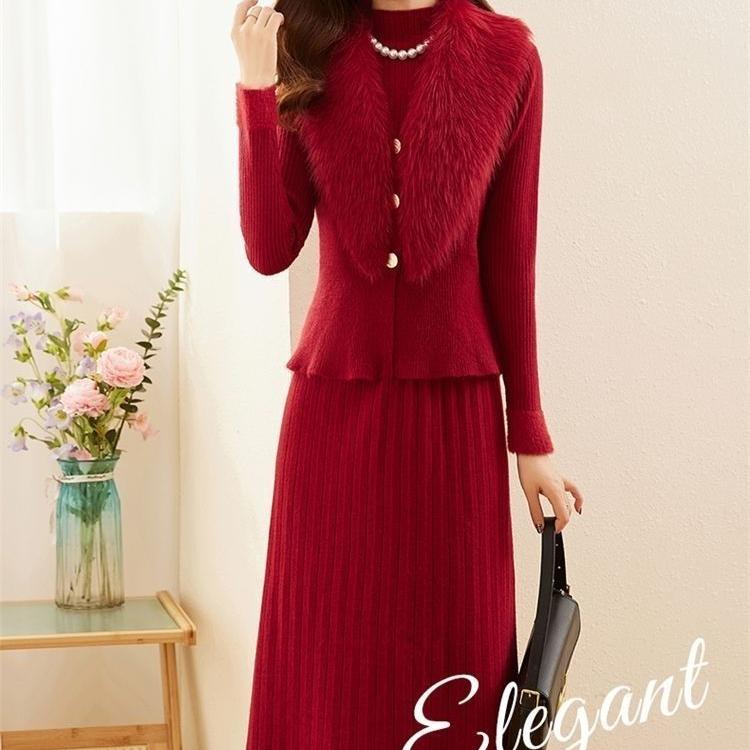 Two-piece Knitted Dress Set for Women Solid Color Long-sleeved Sweater Casual Pullover Warm Pullover Dress Knitwear