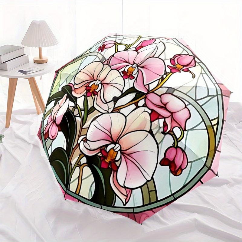 1pc Orchid StainedGlass Auto Open/close Leisure Umbrella, 8-Rib Sturdy Structure, Portable Travel Umbrella, Parties, Everyday Use, Outdoor A