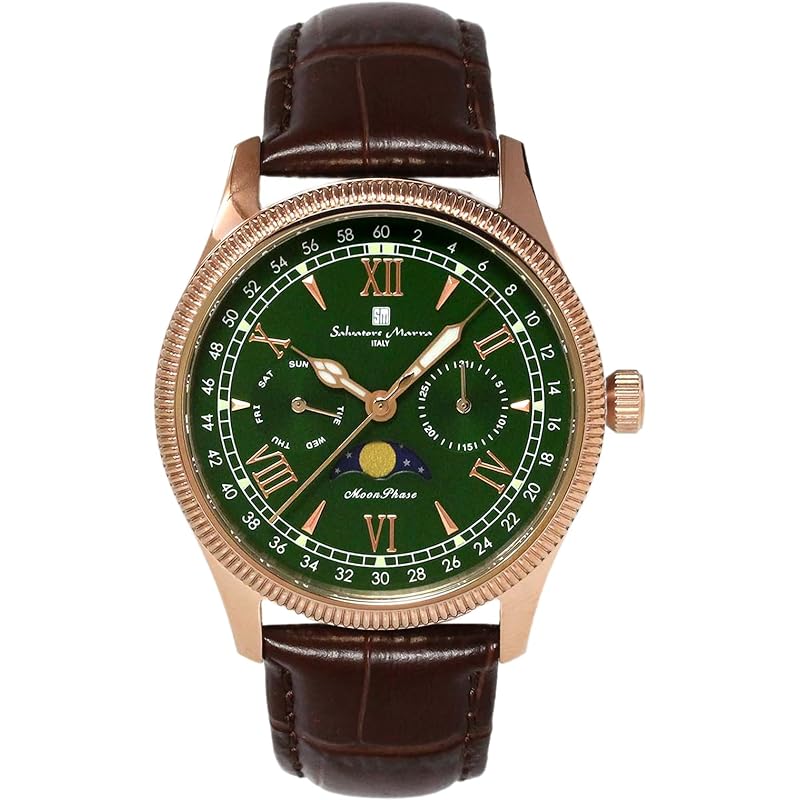 

[Salvatore Mara] watch moon phase multi calendar 5 ATM water resistant business formal men s leather belt Limited model pink gold green SM24110-PGGR