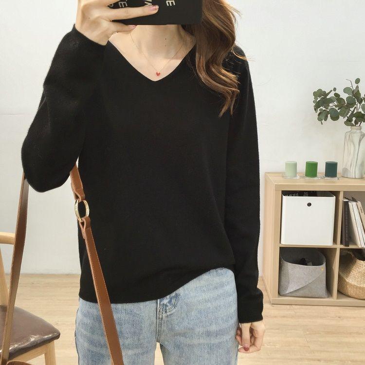 Women's V-Neck Knit Sweater: Large Size, Loose Fit, Slimming, Solid Color, Perfect for Early Autumn and Winter