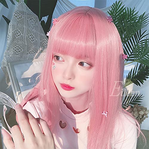 Eileen HAIR Cute Pink Wig, Semi-Long, Full Wig for Women, Straight, Natural, Harajuku Style, Popular, Slimming Effect, Includes Net, Free Shipping