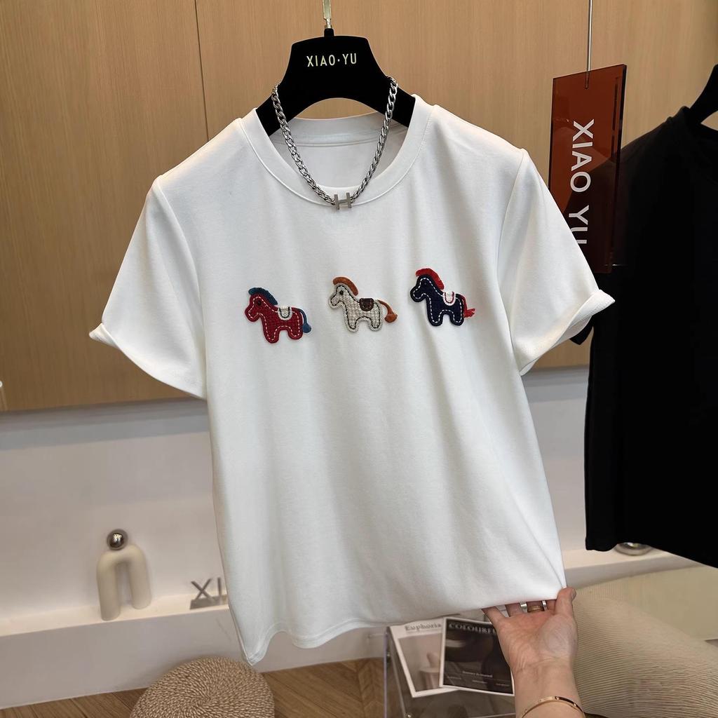 2026 Spring/Summer Women's Cartoon Embroidered Short Sleeve T-shirt - Stylish, Youthful Look