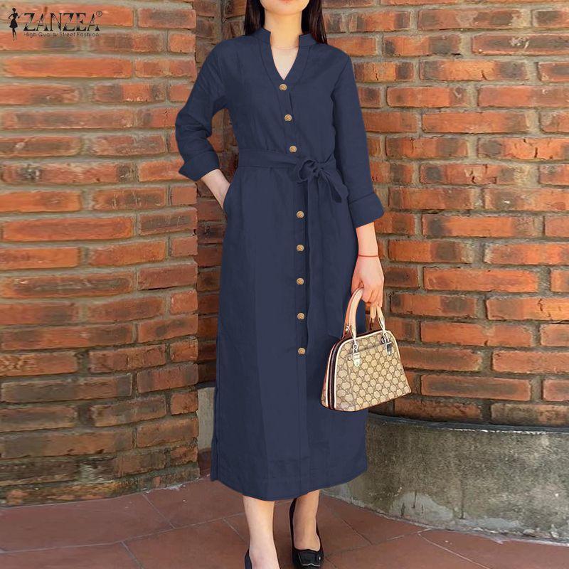 ZANZEA Lässiges, lockeres Kleid mit Stehkragen und langen Ärmeln für Damen