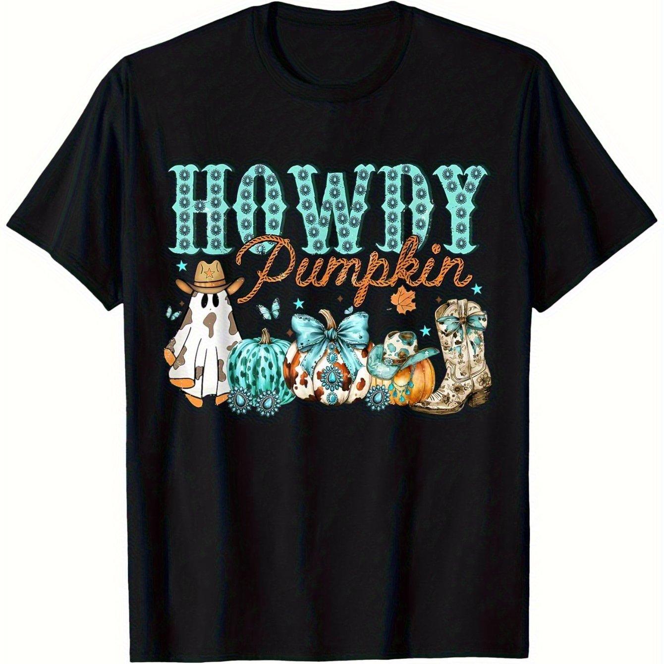 Howdy Pumpkin Western Ghost Cowboy Boots Graphic Tee Men Women Casual Round Neck T-Shirt S
