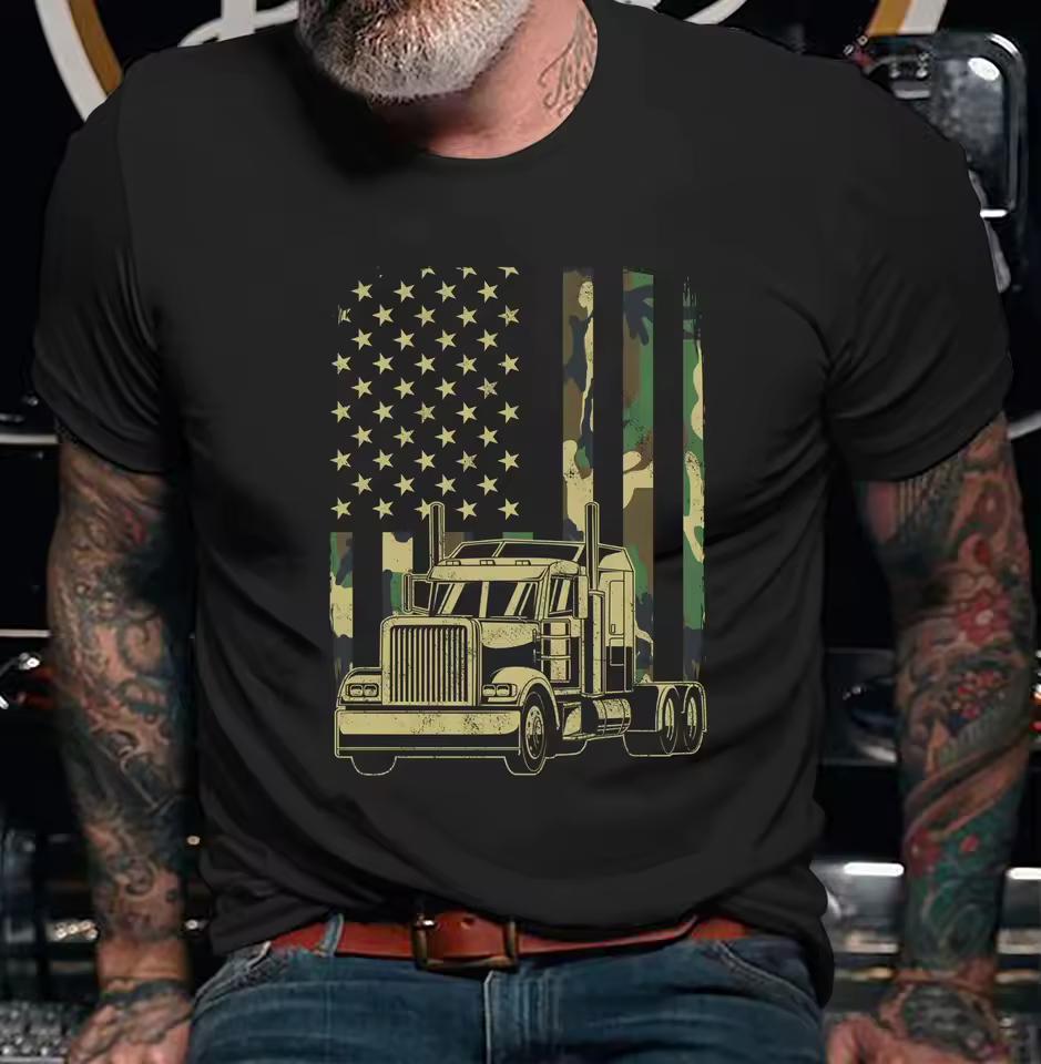 American Flag Camo Trucker T-Shirt – Patriotic USA Semi Truck Graphic Vintage Distressed Military Style Heavy Duty Unisex Shirt