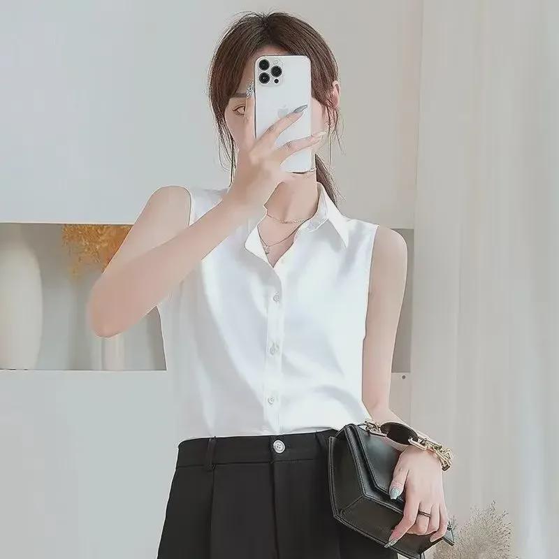 Women's Sleeveless Summer Shirt - New Style, Fashionable Belly-Covering White Top
