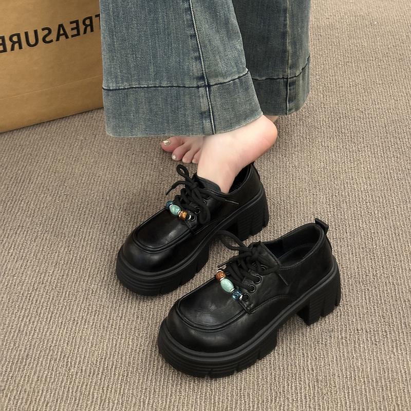 Fashion Retro round-toe beaded small leather shoes 2025 new style versatile British style thick-soled, thick-heeled, lace-up loafers