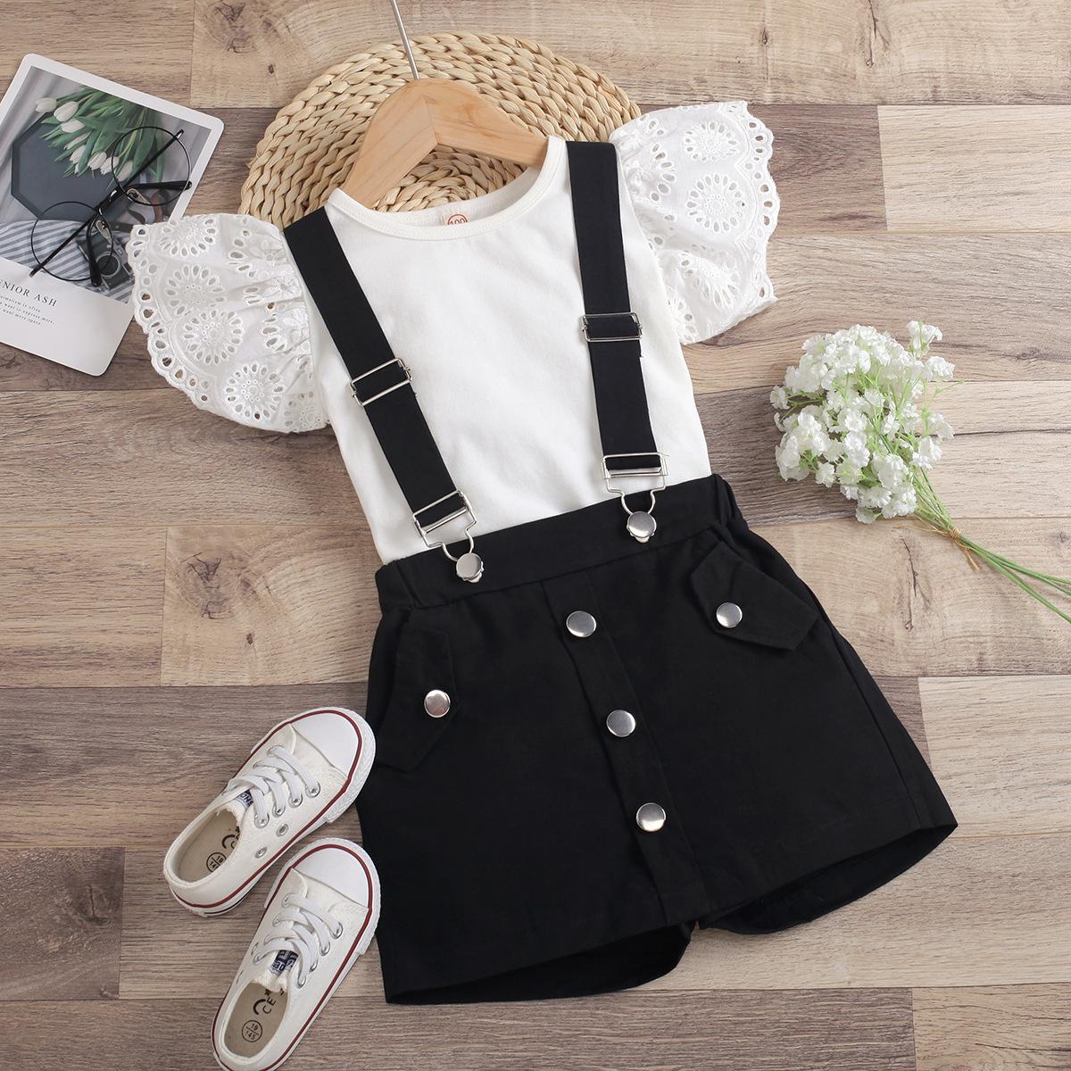 

Детские летние топы с рукавами-крылышками для маленьких девочек, однотонные футболки, комбинезоны, костюмы из 2 предметов, комплекты повседневной одежды для малышей 90 чёрный