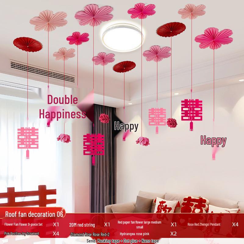 Wedding Ceiling Decoration: Double Happiness Pull Flower Ornament for Bedroom