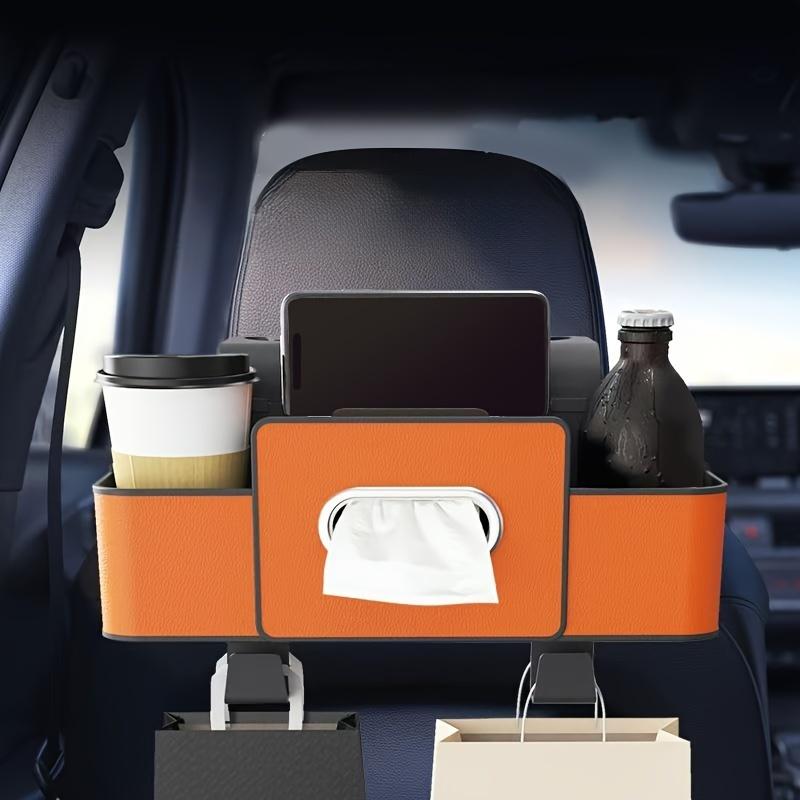 Car Seat Backrest Organizer with Tissue Holder & Adjustable Hooks - Dual Compartments for Snacks/Beverages, Easy Install Durable ABS Storage Box