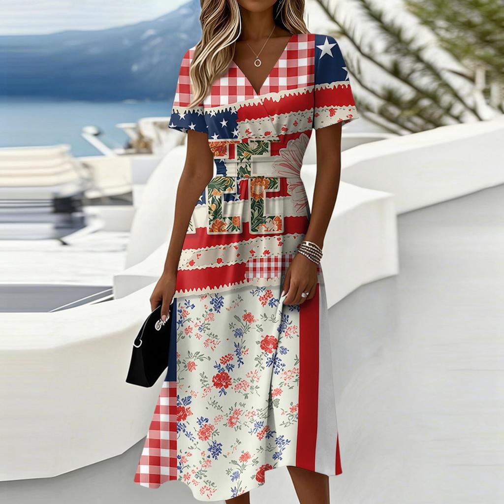 Women's Independence Day Print Casual Fashion Short Sleeve V-Neck Dress