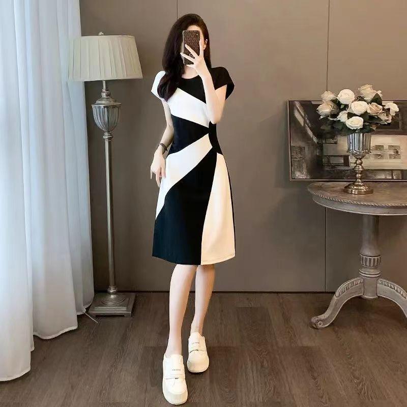 French Retro Contrasting Color Dress Summer New Temperament Wind Waist Thin Black and White Splicing Casual Skirt