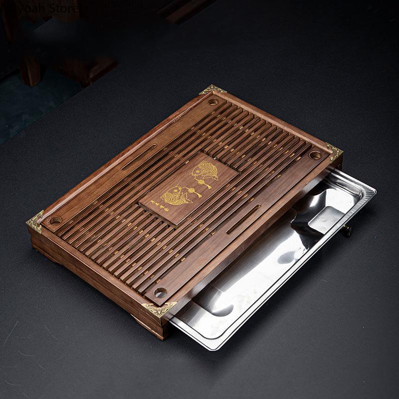 Chinese Solid Wood Tea Tray Drain Household Kung Fu Tea Set Tea Tray Storage Supplies Living Room Coffee Table Decoration