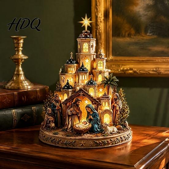 Glowing Manger Figurines Bethlehem Nativity Church Light Tower Lighted Christmas Village Scene with Star Sacred Display Tower & Figurine Christian