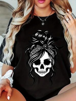 Plus Size Women's Casual T-Shirt - Black Geometric Skull & Floral Print, Round Neck Short Sleeve Top for Spring/Summer