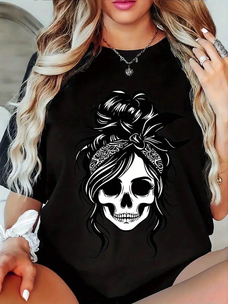 

Plus Size Women s Casual T-Shirt - Black Geometric Skull & Floral Print, Round Neck Short Sleeve Top for Spring/Summer XL